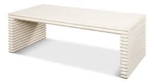 Stacked Cocktail Table side view emphasizing layered wood panels and smooth top surface in antique white