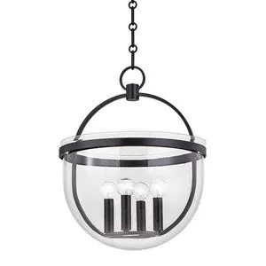 Malloy 4-light pendant lantern with clear elongated bell jar glass and aged iron elliptical metal frame