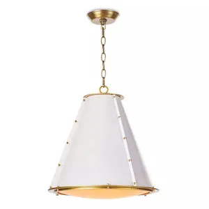 French Maid Small Chandelier with white cone shade and natural brass trim hanging from brass chain