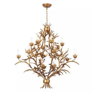 Southern Living Trillium chandelier with two tiers, gold leaf gilded branches and floral light fixtures