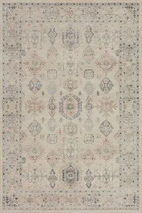 Hathaway beige and multi-color vintage style rug with soft motifs and intricate border design in muted tones
