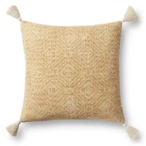 18-inch square yellow pillow with a textured cotton cover and cream tassels at each corner