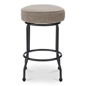 Kelsey swivel counter stool with round padded beige fabric seat and black curved iron legs with finials