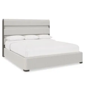 Prado King Panel Bed with deep channel upholstered headboard and Porcini wood trim, upholstered footboard and side rails