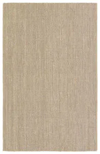 Rectangular woven rug with alternating narrow stripes in gray and tan natural fibers