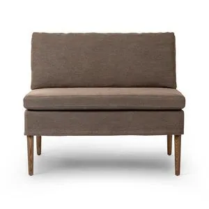 Aurelia Dining Banquette with chair and a half design in brown flax linen fabric, tapered solid oak legs in amber oak finish