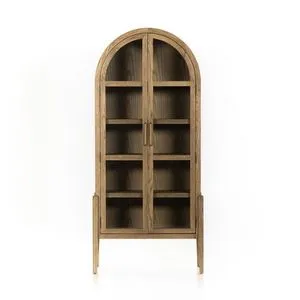 Angled view showing side details with hinged glass doors and oak grain