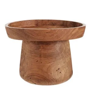 Juno Riser tiered tray crafted from warm brown teak wood with a wide shallow round top and solid tapered base.