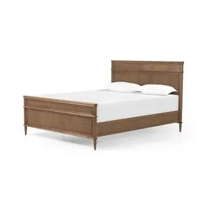 Toulouse Oak Veneer Queen Bed with solid oak veneer, toasted oak finish, turned legs, paneled headboard and footboard