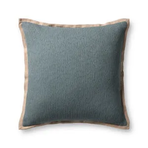 Square light blue throw pillow with beige flange edges and nubby woven texture