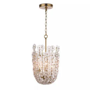 Charlotte Pendant with natural brass frame and cascading clear cast glass flowers in a cylindrical shape