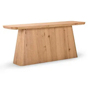 Orlando Console Table in oak wood with natural finish, bold pedestal base and dynamic grain pattern.
