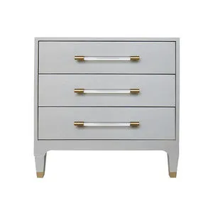 Dove grey three drawer side table with shagreen texture, acrylic and antique brass hardware pulls, and brass ferrule foot ...