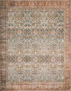 Vintage style Layla Ocean Rust Rug with intricate faded floral and geometric patterns in blue and rust tones, 7'6 x 9'6 size