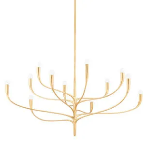 Labra 12 Light Chandelier with slender gold arms curving upward ending in white globe bulbs