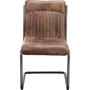 Ansel dining chair with distressed brown leather upholstery and sturdy black iron cantilever frame