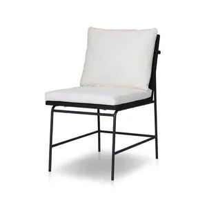 Crete Outdoor Dining Chair with black iron frame, black teak ladder back and cream linen-blend cushions