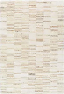 Handmade Max Sandstone rug with a Mid-Century Modern no-pile design in warm beige and cream geometric blocks.