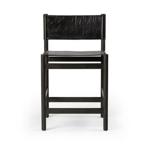 Kena Bar + Counter Stool with solid dark parawood frame and black sling-style top-grain leather seat and backrest