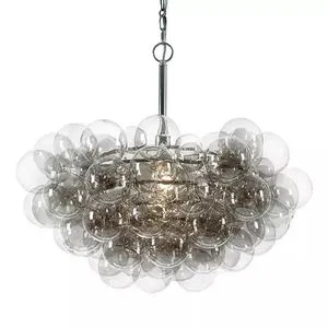Bubbles chandelier with brushed nickel frame and cluster of clear hand-blown glass globes surrounding a central light
