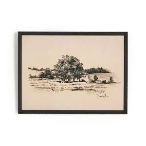 Hand-drawn sketched coastal landscape vignette by Dan Hobday in a distressed black wooden frame