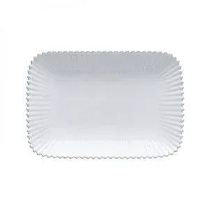 12-inch white rectangular ceramic platter with scalloped and ridged edges in fine stoneware