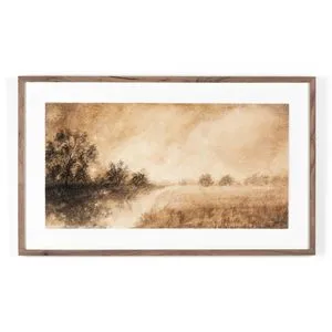 Warm, sepia-toned impressionist landscape painting depicting trees along a river in rustic walnut frame