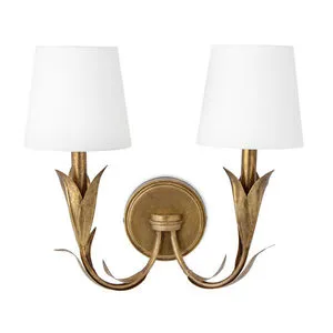 Double antique gold leaf wall sconce with botanical reeded arms and natural linen shades on round plate