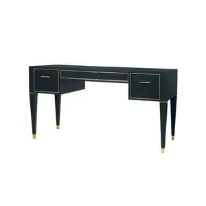 Hunter Desk in black leather with neo-classical silhouette, brass accents, visible stitching, and tapered legs