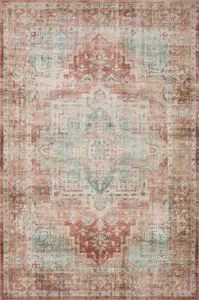 Vintage style rug with terracotta and aqua old-world medallion design and muted classic color palette