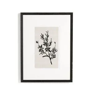 Monochromatic hand-sketched floral design in black on beige, framed in distressed black painted pine