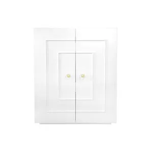 Judd matte white lacquered hardwood cabinet with clean lines and clear acrylic knobs on two front doors