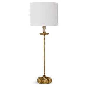 Tall buffet table lamp with antiqued gold ribbed base and natural linen drum shade