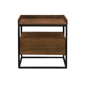 Vancouver Side Table with solid light brown acacia wood top and drawer framed by black iron square base