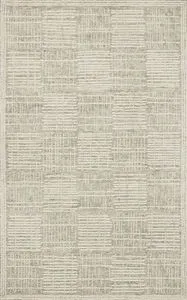 Tallulah Mist Ivory rug with abstract linear blocks in high-low texture, combining thick and fine yarns