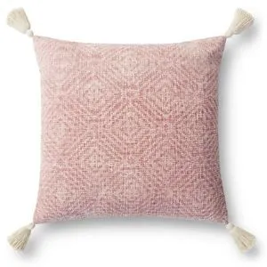 Square pink pillow with subtle geometric pattern and cream tassels at each corner