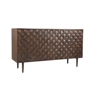 Pablo 3 Door Sideboard in solid Sheesham wood with dark walnut finish and geometric mid-century front design