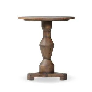 Rivi End Table with Brancusi-inspired sculptural pedestal and smooth round wood top showing natural knots and grains