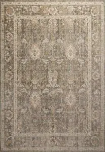 Traditional rectangular rug with muted sage, blush, and beige tones in an intricate antique-inspired pattern