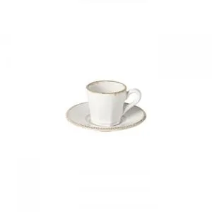 Luzia ceramic stoneware coffee cup and saucer set in cloud white with beige rim detail, 8-ounce capacity