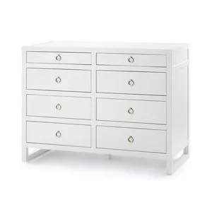 Newton Large 8-Drawer Dresser in white with eight stacked drawers and brass ring pulls on clean, straight legs