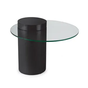 Odette Black Wooden Glass-Top Side Table with cylindrical black base and clear round glass top