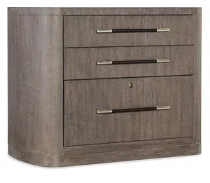 Modern Mood lateral file with rounded edges, three drawers, wood texture, and gold-accented handles