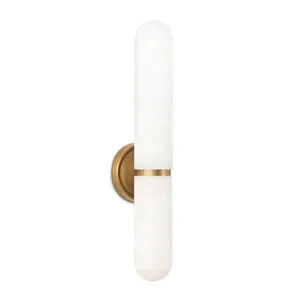 Tall vertical natural alabaster sconce with rounded ends and a brass circular base mount