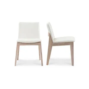 Deco oak dining chair set of 2 with solid oak frames and white upholstered seat and backrest shown front and side view