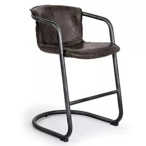 Modernist counter stool with low contoured back and seat in vintage dark brown leather, black metal cantilever frame