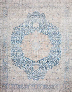 Layla 2'6" X 7'6" vintage style rug in blue and tangerine with a traditional medallion pattern and subtle aged effect