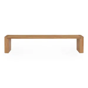 Post dining bench in natural wood with rounded posts on all four corners and a smooth flat seat