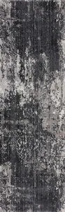 Long narrow runner rug view showing full length with vertical abstract pattern in charcoal and silver