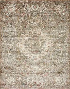 Saban Straw Beige Rug with traditional-inspired detailed motifs in beige, worn vintage style with hints of rust and blue